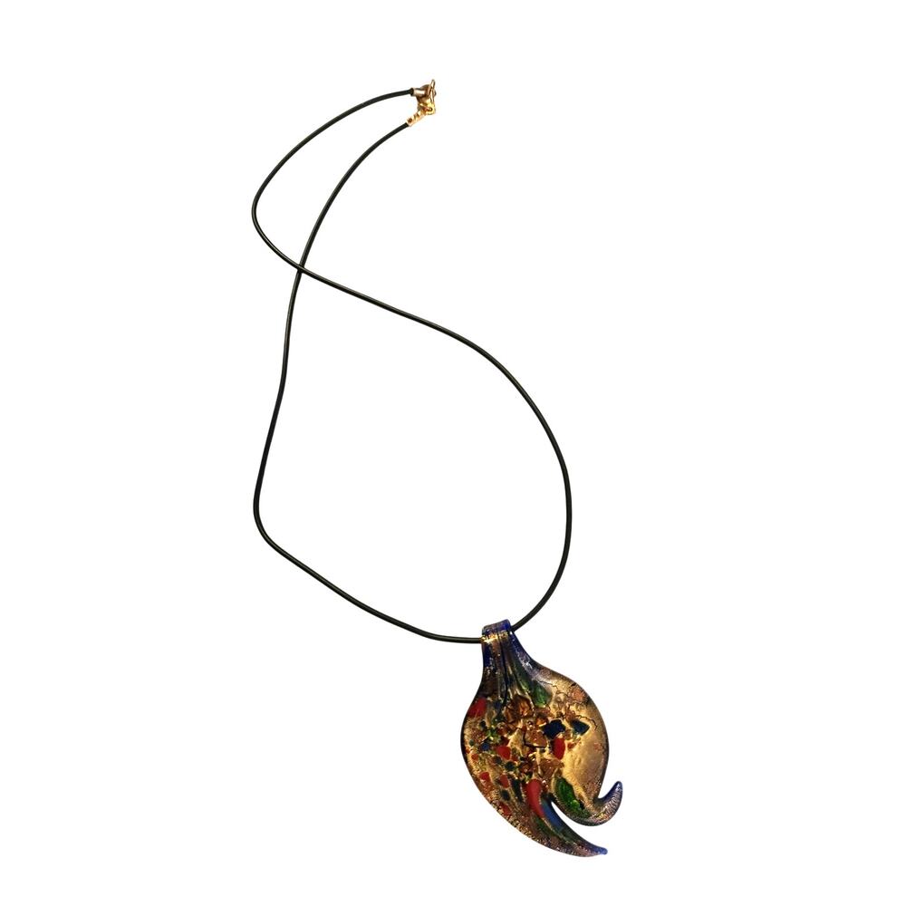 Murano Glass Pendant Necklace Blue Multicolor Leaf Italy Art Glass